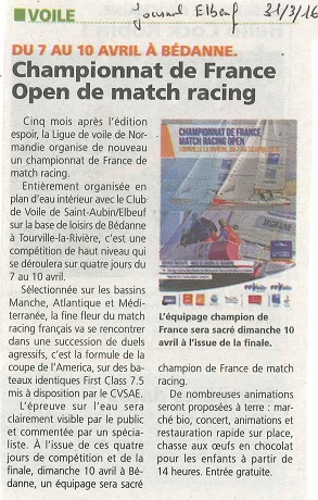 Annonce du Championnat de France de Match Racing Open 2016